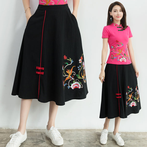 Plus Size Chinese Embroidery A Line Skirt