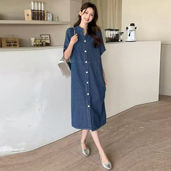 Plus Size Notch Neck Denim Midi Dress