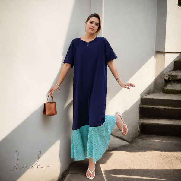 Plus Size Blue Floral Pleats Short Sleeve Midi Dress
