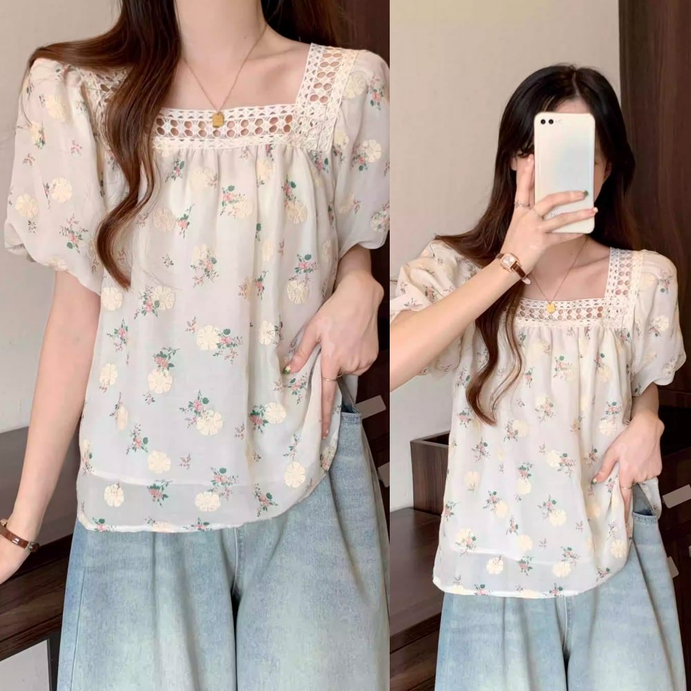 Plus Size Floral Square Neck Babydoll Blouse
