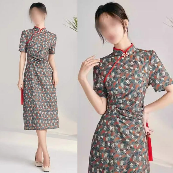 Plus Size Modern Print Short Sleeve Pencil Qipao Dress (EXTRA BIG SIZE)