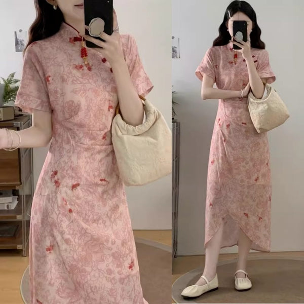Plus Size Pink Modern Midi Qipao Dress