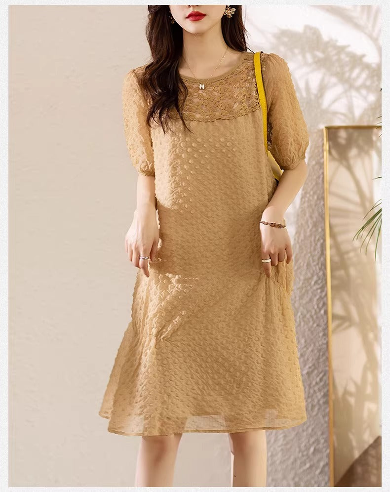 Plus Size Lace Panel Short Sleeve A-Line Dress