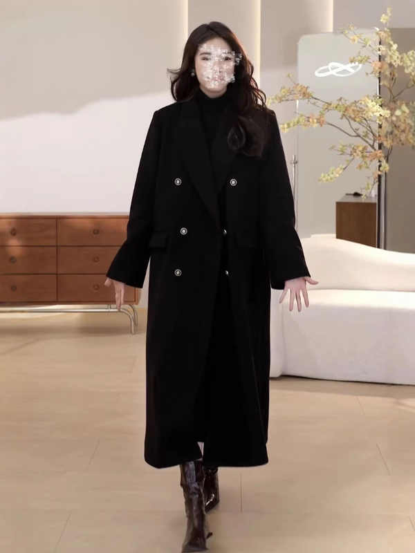 Plus Size Black Woolen Blazer Long Winter Coat