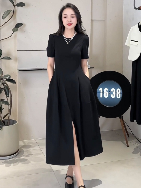 (L-5XL) Plus Size Korean Black Office Pleat Slit Midi Dress