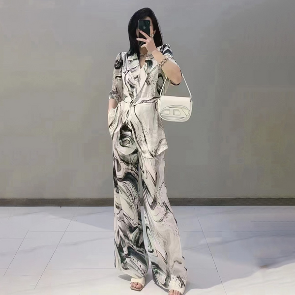 (L-5XL) Plus Size Korean Marble Print Tuxedo Shirt And Wide Leg Pants Set