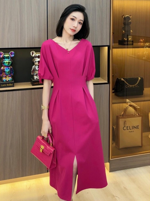 (L-5XL) Plus Size Korean Pleat Slit Midi Dress