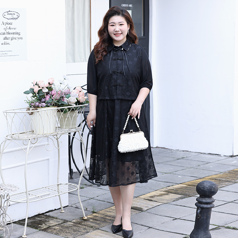 (L-6XL) Plus Size Black Cheongsam Jacket And Dress Set