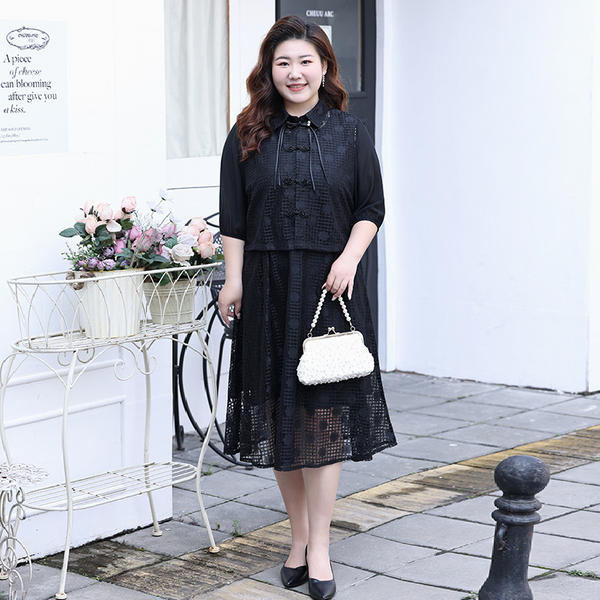 (L-6XL) Plus Size Black Cheongsam Jacket And Dress Set
