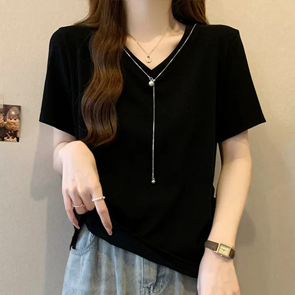 (M-4XL) Plus Size V Neck Necklace T Shirt