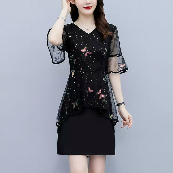 (M-5XL) Plus Size Butterfly Peplum Short Sleeve Dress