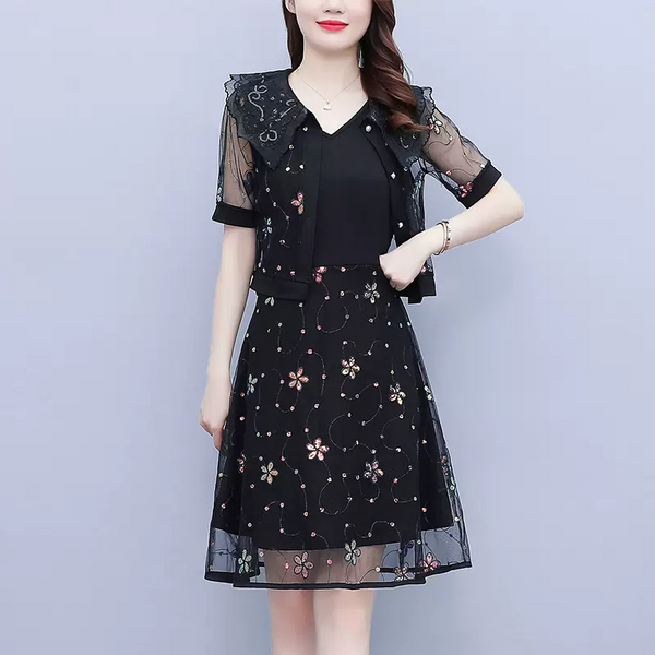 (M-5XL) Plus Size Floral Embroidery Short Sleeve Jacket And Matching Dress Set