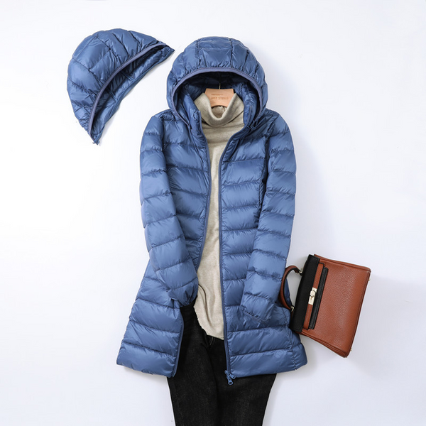 plus size Blue puffer jacket with a hood 
