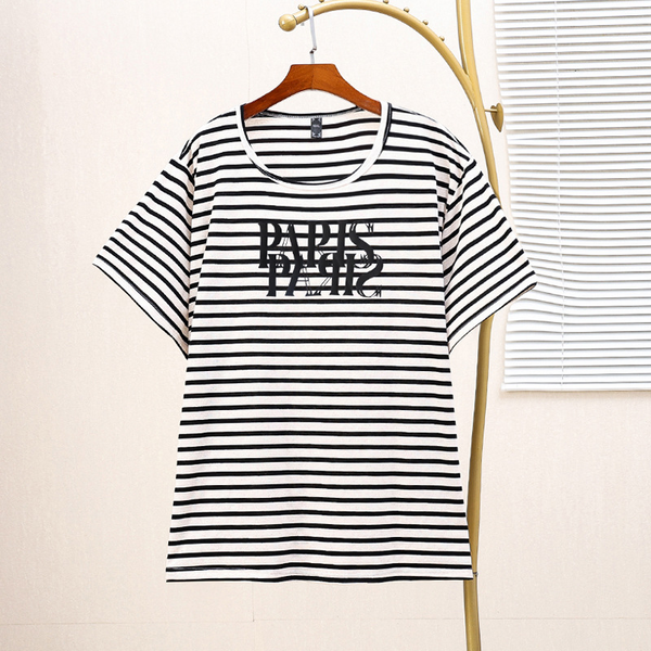 Plus Size 100% Cotton Paris White Stripes T Shirt (EXTRA BIG SIZE)