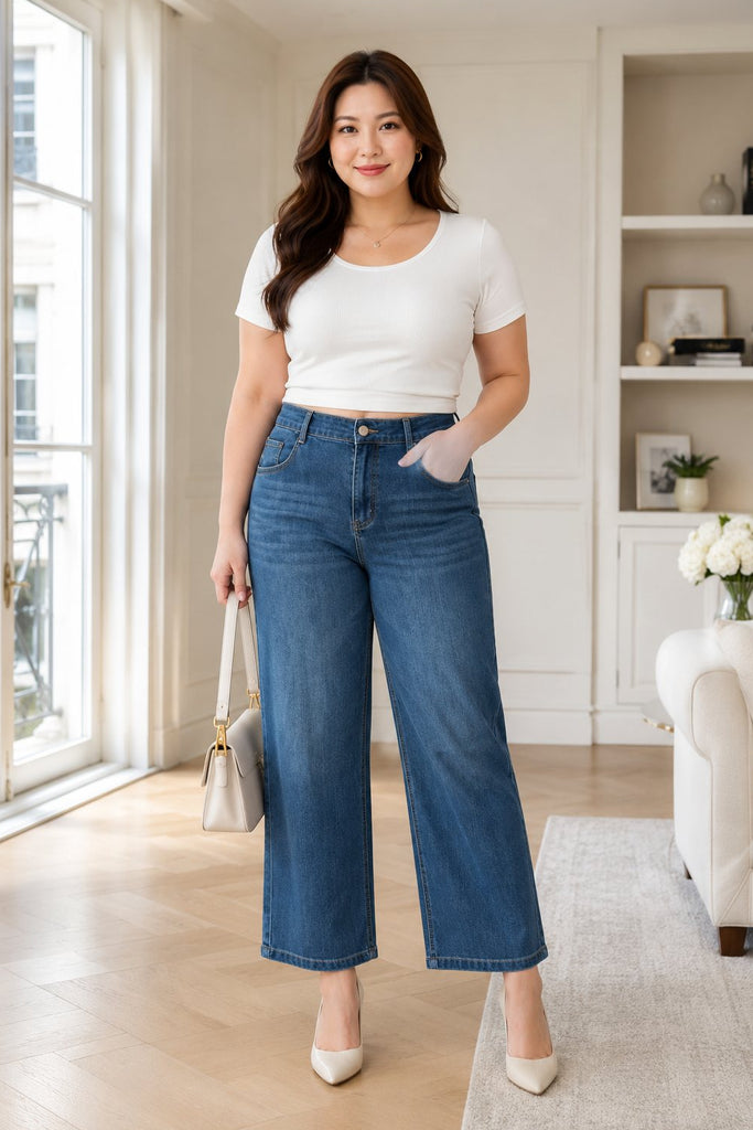 Plus size dark blue ankle length straight leg jeans front view