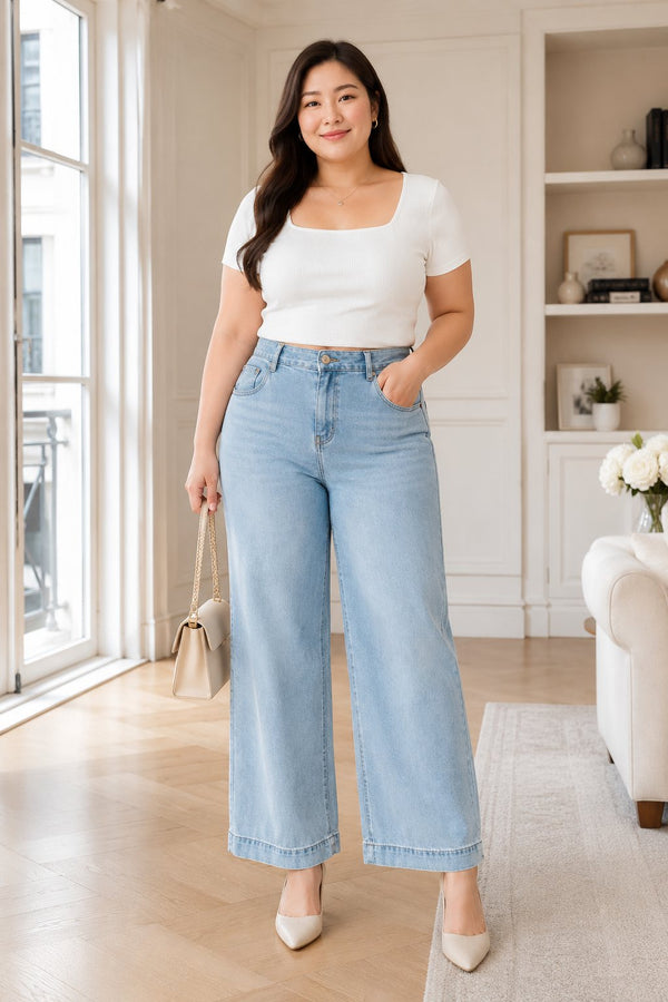 Plus size light blue ankle length straight leg jeans front view