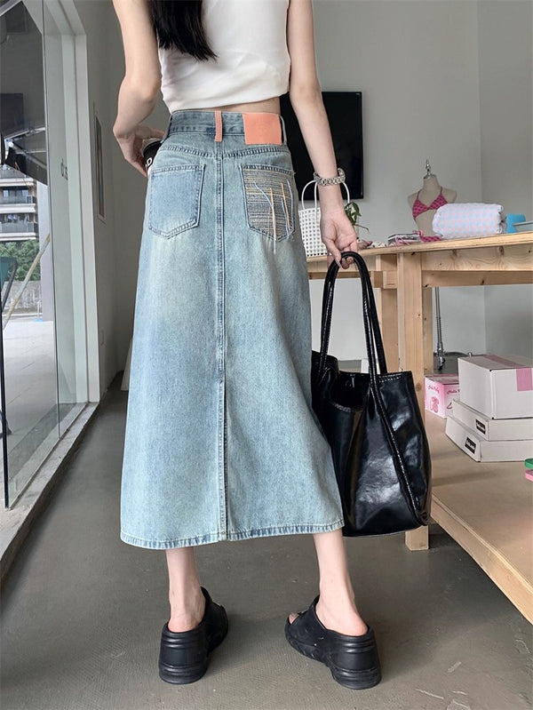 Plus Size Pink Pocket Denim Midi Skirt