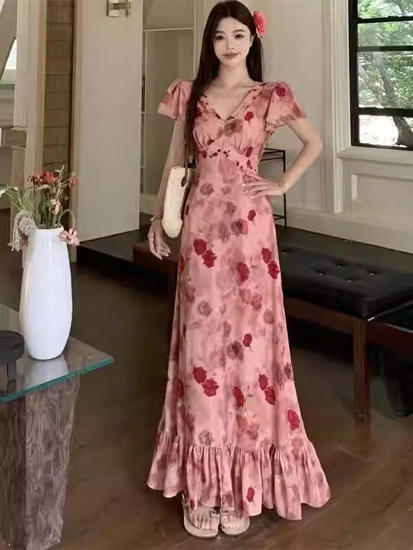 Plus Size Pink Floral Chiffon V Neck Short Sleeve Midi Dress