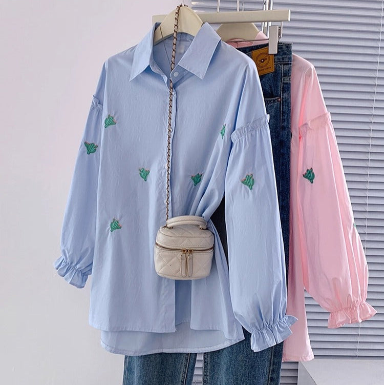 Plus Size Cactus Embroidered Tunic Long Sleeve Shirt