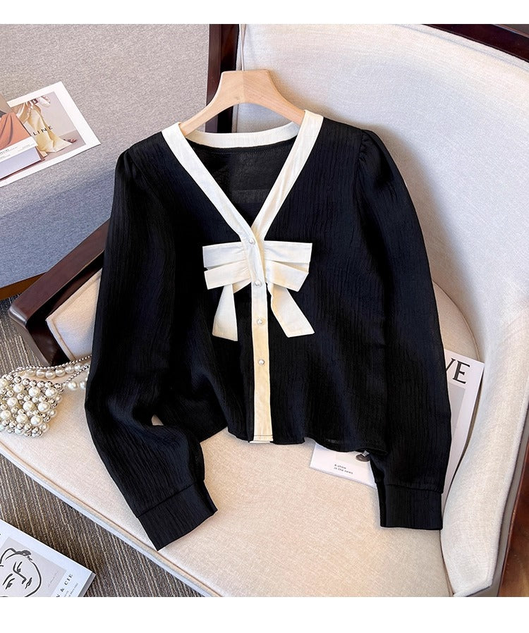Plus Size Bow Button Long Sleeve Top