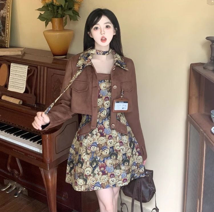Plus Size Vintage Jacquard Bear Dress and Jacket Set