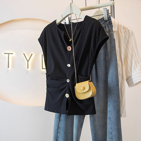 Plus Size Cap Sleeve Buttons Notch Neck T Shirt