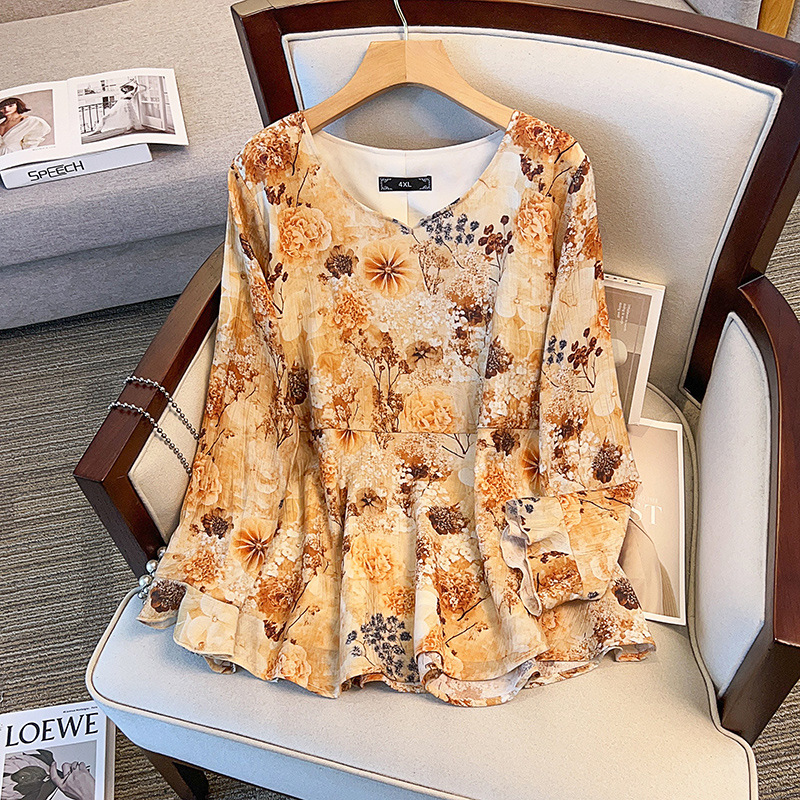 Plus Size Autumn Floral Long Sleeve Peplum Top (Extra Big Size)