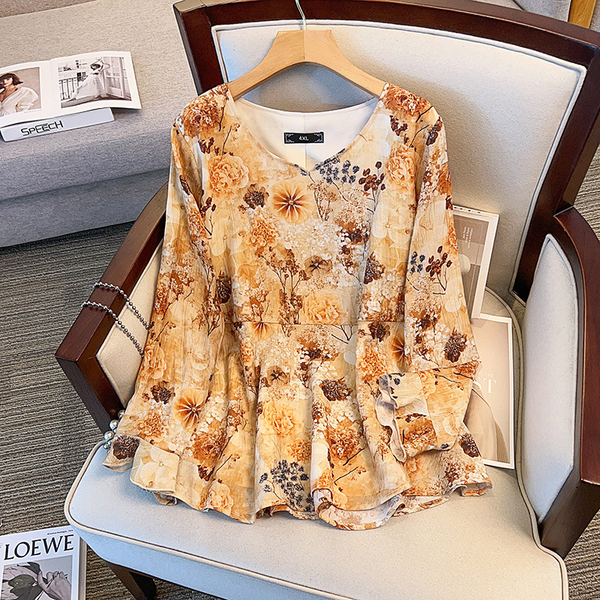 Plus Size Autumn Floral Long Sleeve Peplum Top (Extra Big Size)