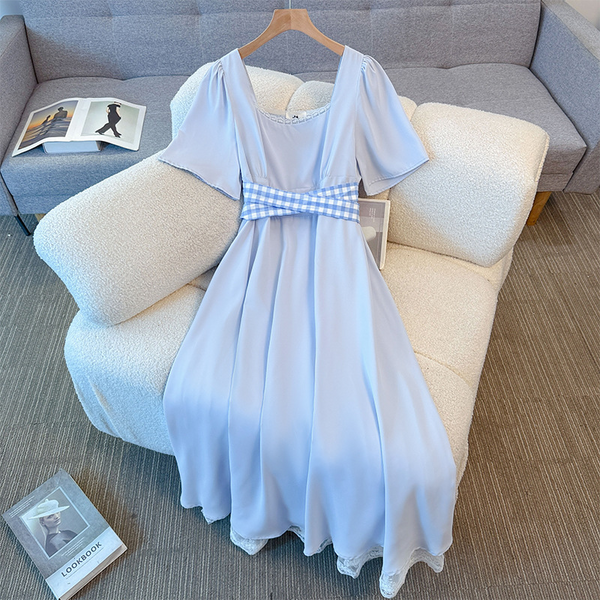 Plus Size Baby Blue Square Neck Chiffon Dress (EXTRA BIG SIZE)