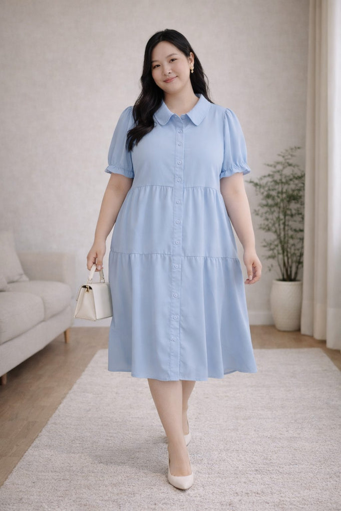 plus size blue babydoll shirt dress button front knee length