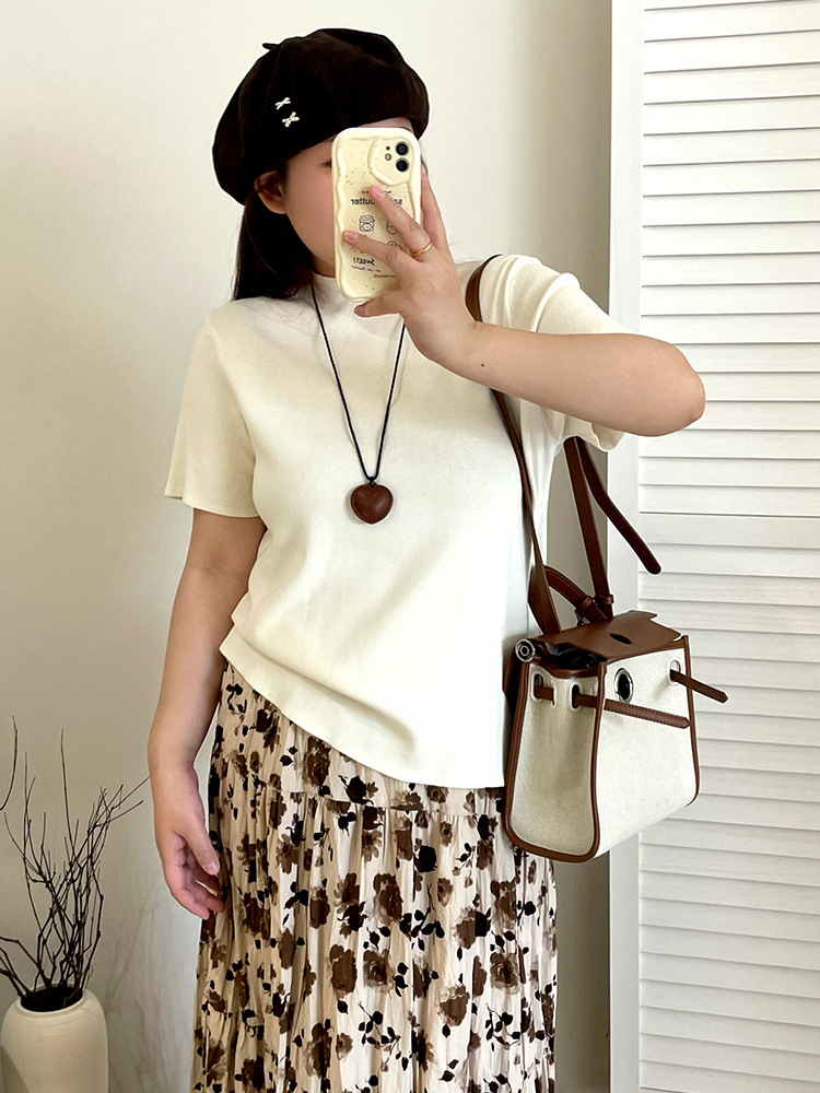 Plus Size Basic Knit High Neck Short Sleeve Blouse