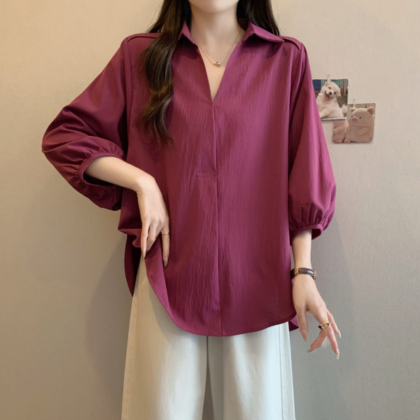 Plus Size Basic Wrap V Neck Balloon Sleeve Shirt