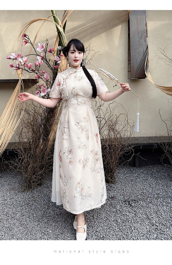 Plus Size Beige Modern Vintage Oriental Qipao Dress Pluspreorder Plus Size Beige Modern Vintage Oriental Qipao Dress Pluspreorder