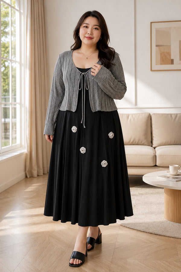 Plus size black 3D floral A-line dress with grey knit cardigan set