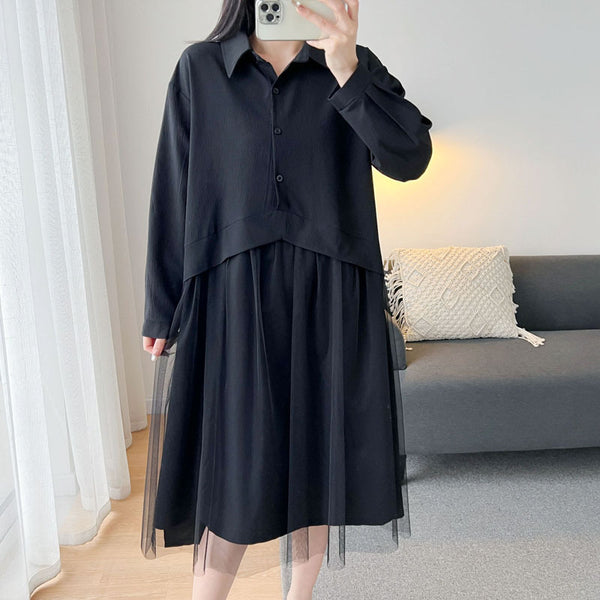 (3XL-9XL) Plus Size Black Long Sleeve Shirt Dress (EXTRA BIG SIZE)