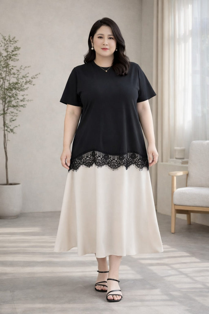 plus size black beige colourblock midi dress with lace detail front view