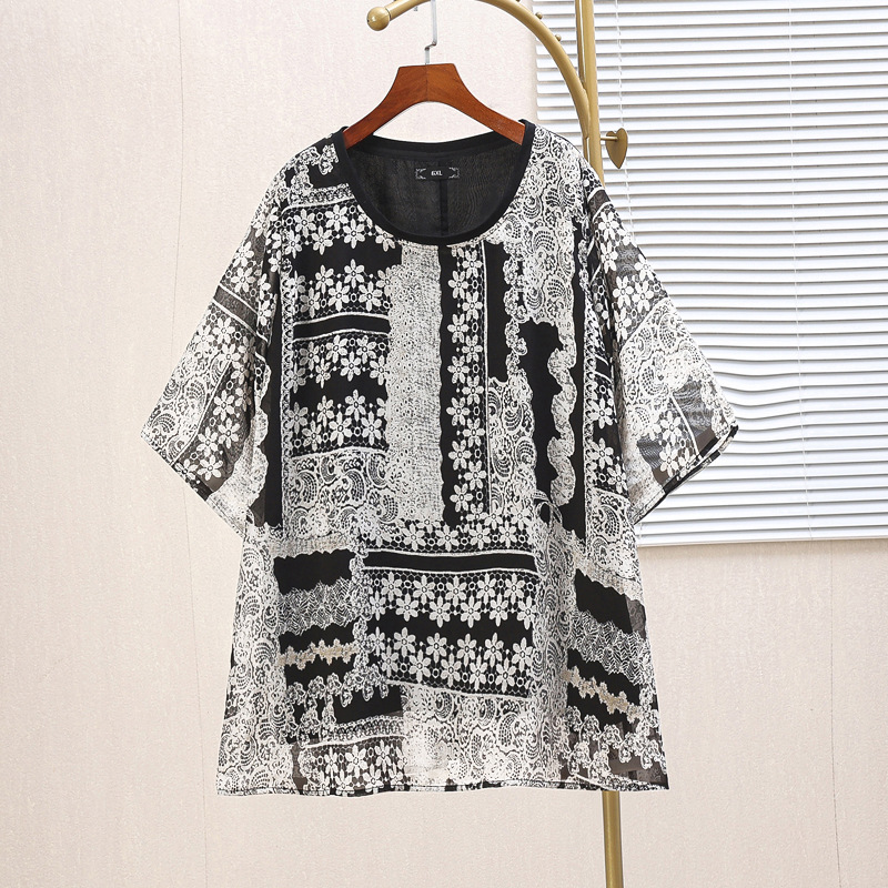 Plus Size Black Bohemian Round Neck Chiffon Blouse (EXTRA BIG SIZE)
