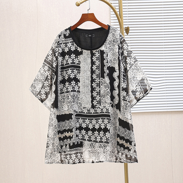 Plus Size Black Bohemian Round Neck Chiffon Blouse (EXTRA BIG SIZE)