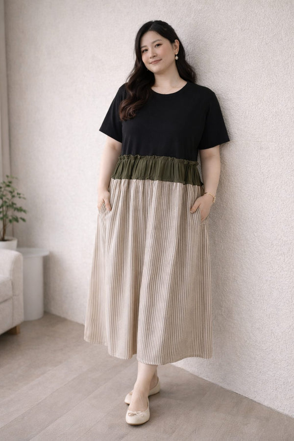 plus size black brown stripe midi t shirt dress