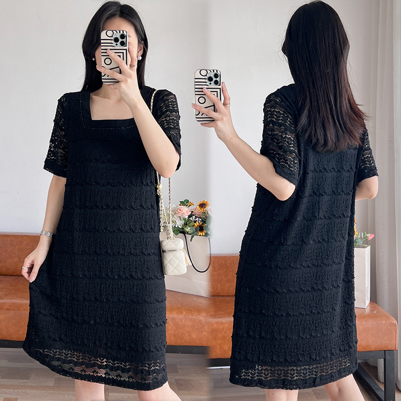 Plus Size Black Chanelesque Square Neck Lace Dress (EXTRA BIG SIZE)