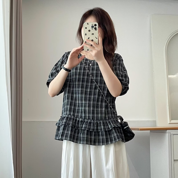 Plus Size Black Checked Round Neck Babydoll Blouse