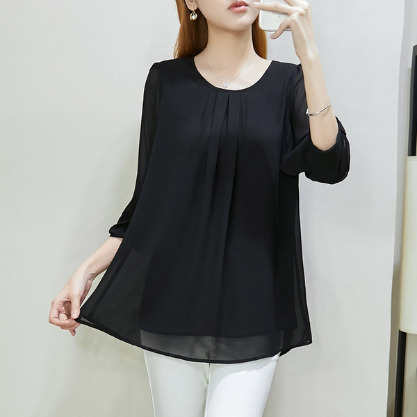 Plus Size Black Chiffon 3/4 Sleeve Tunic