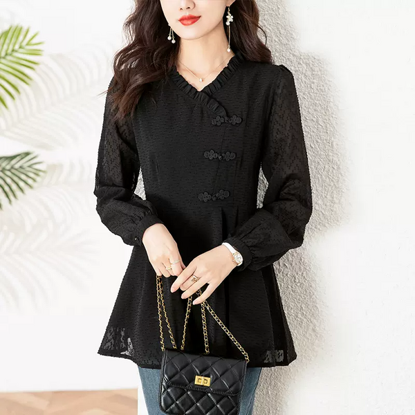 Plus Size Black Chiffon Cheongsam Peplum Mid Sleeve Blouse