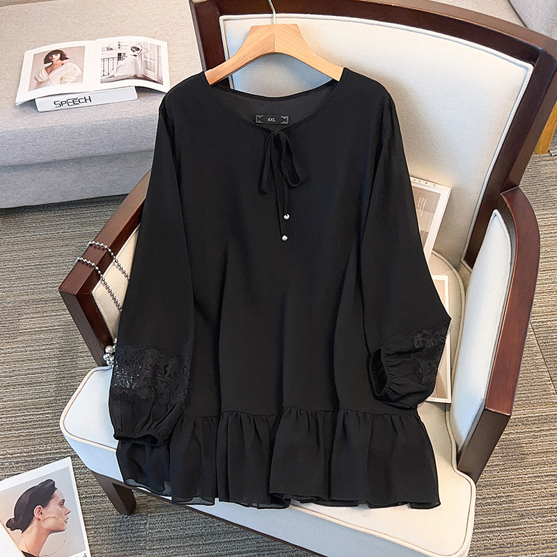 Plus Size Black Chiffon Long Sleeve Tunic (Extra Big Size)