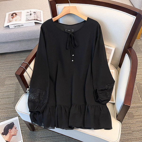 Plus Size Black Chiffon Long Sleeve Tunic (Extra Big Size)