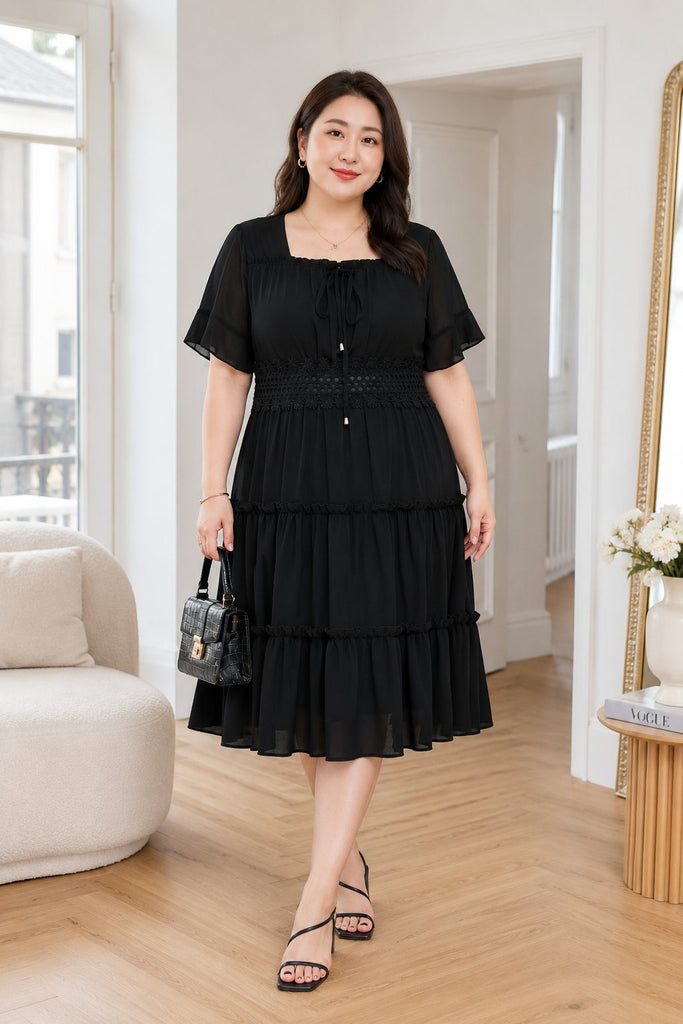 Plus size black chiffon square neck babydoll midi dress front view