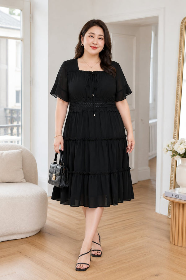 Plus size black chiffon square neck babydoll midi dress front view