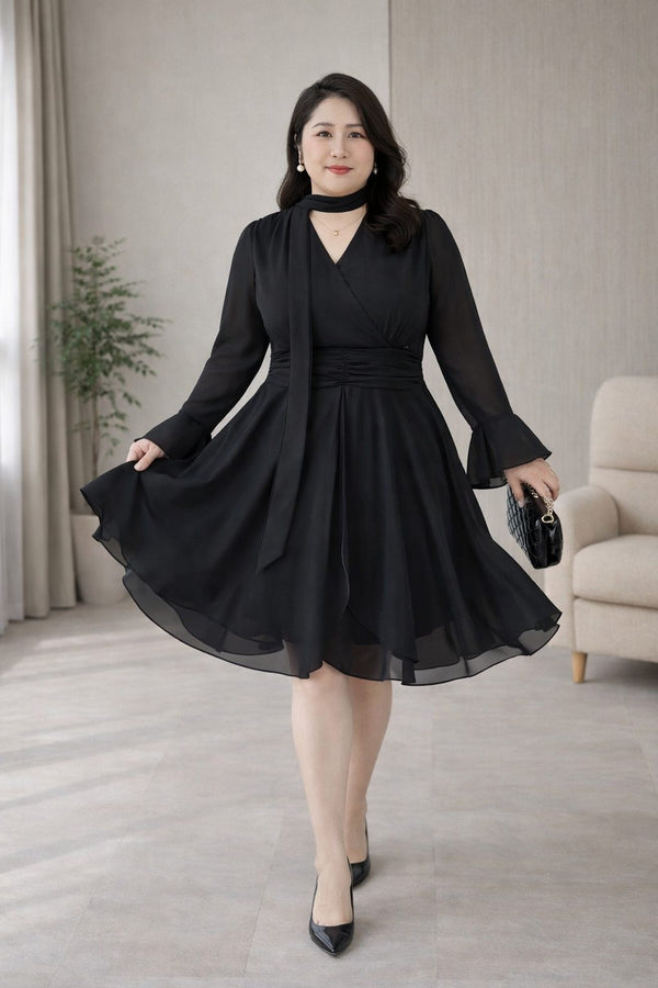 Plus Size Fit & Flare Dress – Chiffon Wrap Long Sleeve (EXTRA BIG SIZE)