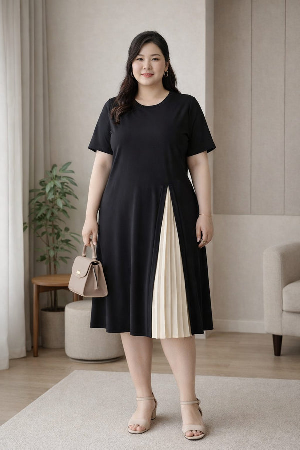 plus size black a line midi dress contrast pleated panel front view