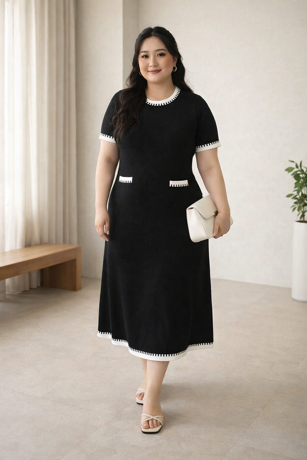 plus size black midi dress white contrast trim front view